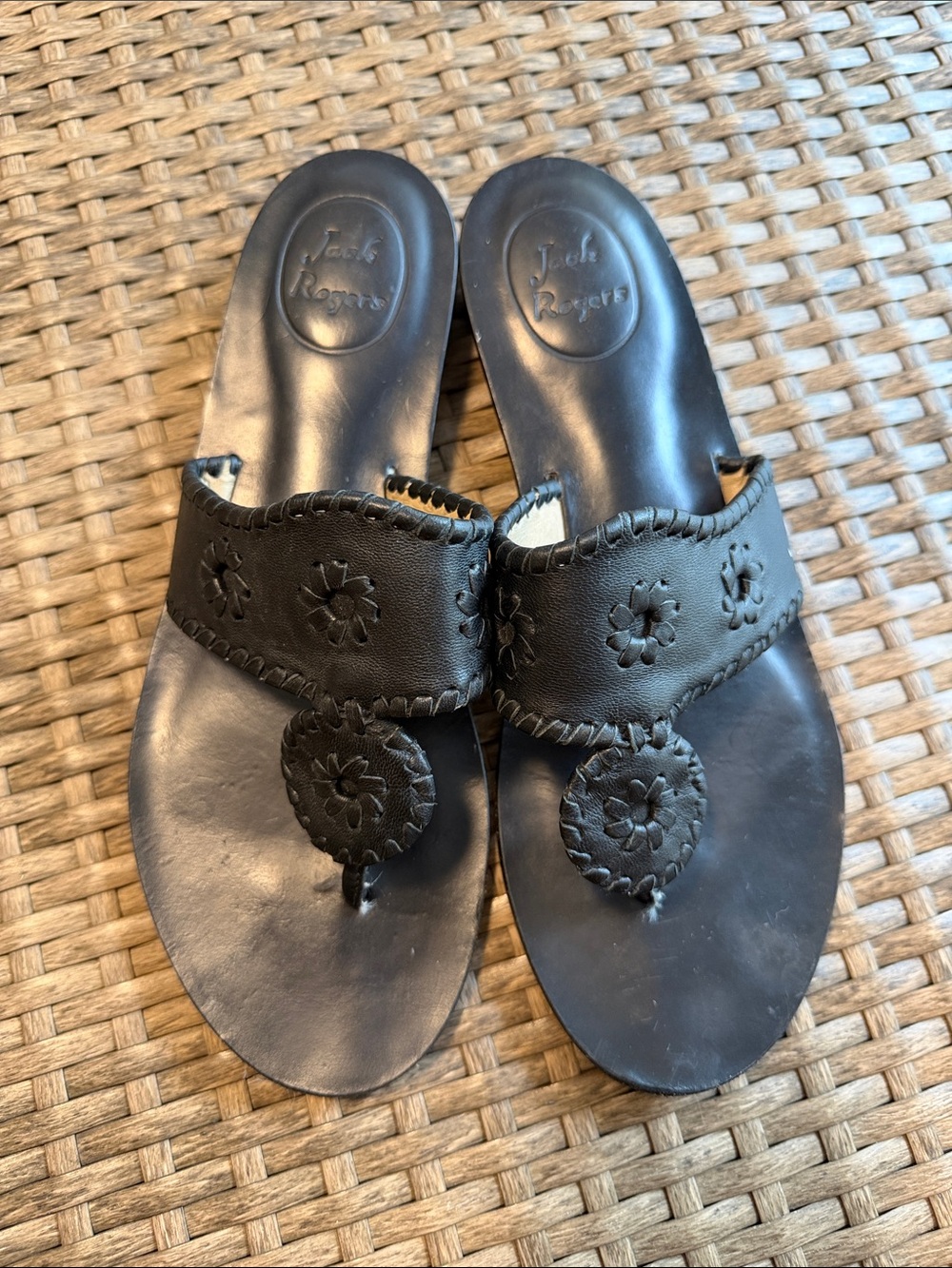 Jack Rogers Black Leather Thong Sandals with Medallion Accent